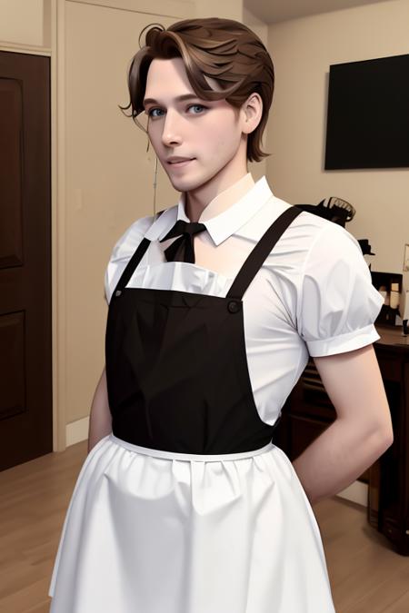 8k portrait of of j985, male, brown hair, full body, maid outfit, winking, maid dress, maid skirt, maid apron, masterpiece, trending on artstation,   <lora:jerma985lorav1:1>