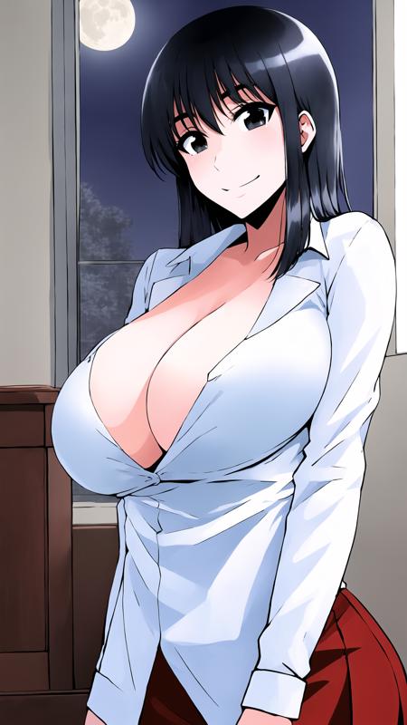 suou_mikoto, 1girl, solo, long hair, large breasts, black hair, black eyes, skirt, cleavage, white shirt