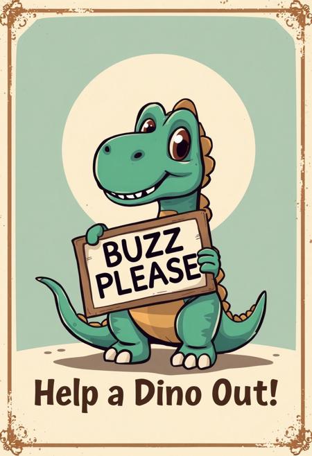 Vintage retro cartoon poster design, A cute dinosaur holding a sign: “BUZZ PLEASE”, the poster text says: 
“Help a Dino Out!”