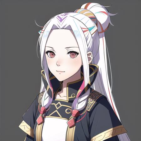 FE16, Fire Emblem, Fire Emblem Three Houses, Fire Emblem Warriors Three Hopes, simple background, grey background, light top left, Short Jumpsuit, 1 Girl, Loli, Aged Down, Very Long Hair, Cone Hair Bun, Multicolored Hair, White Hair, Green Hair, Happy