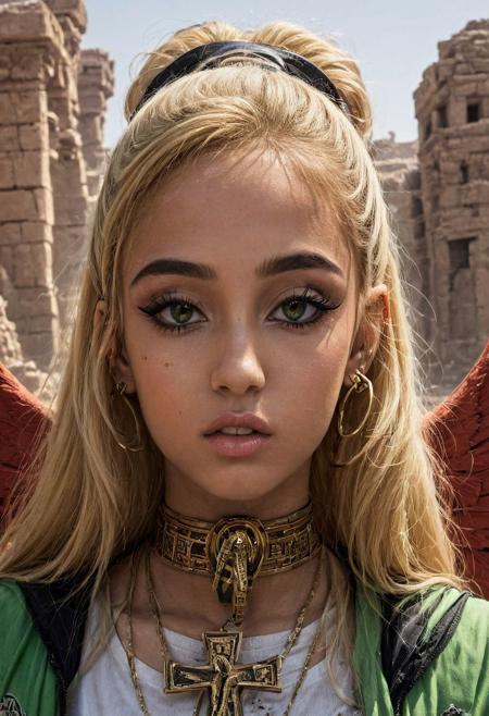 , solo, portrait of goodisis, goodnes ornate, egypt, ruins, energy, aura, dust, debris, Face looking, tanned skin, women, Ankh Cross, wings, ankh, Black Eyeliner Ariana Grande-Butera cyber punk blond Ariana Grand-Butera red army thin transparent wet green cloth