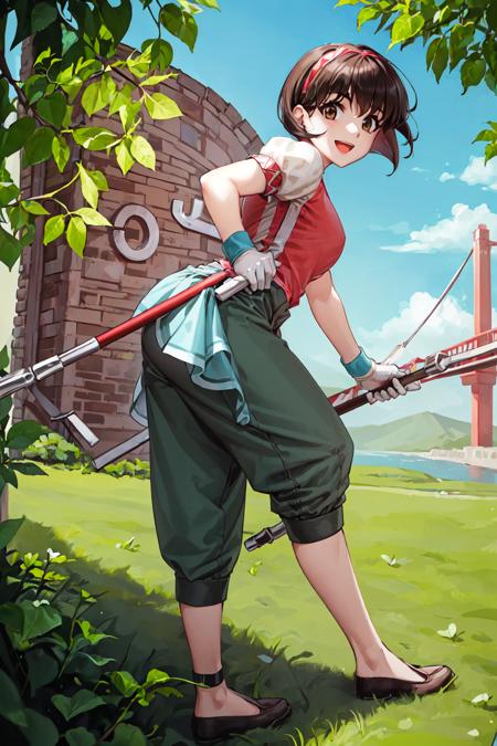 <lora:nanami_suikoden_face:0.77>, 1girl, solo, short hair, brown hair, look at viewer, ((masterpiece)), (best quality), 1girl, alone, bridge, grass, focused, close angle, grabbing, smile, detailed, anime, brown eyes, gloves, hairband, hand on hip, open mouth, standing, looking at viewer, shoes, pants, short sleeves, puffy sleeves, black hair, flats, holding, :d, puffy pants, capri pants, puffy short sleeves, weapon, ribbon, no socks, shirt, chinese clothes, wristband, wrench, bangs, hair ribbon, baggy pants, staff, white gloves, black footwear, colorful, green pants, from behind,  look at behind, full body,