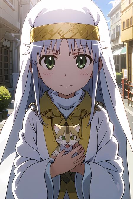 masterpiece, 1girl, index \(toaru majutsu no index\), cute, best quality, silver hair, veil, outside, old city streets, bright, sunny, holding tiny calico kitten, happy, best quality, anime