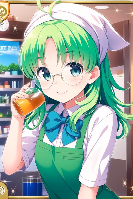 (masterpiece, best quality), highly detailed background, perfect lightingbest quality, yukawakise, solo, head scarf, green hair, ahoge, long hair, glasses, coke-bottle glasses, opaque glasses, round eyewear, white shirt, blue bowtie, green apron, school uniform, smile, closed mouth, pink lips, <lora:Yukawa-Kise:0.7>