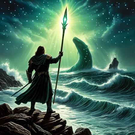 a colossal sea creature, the Celestial Leviathan, rising from the depths of an iridescent ocean.
The creature has a gaping maw with sharp teeth,Glowing cyan tendrils or bioluminescent streaks along its body. The background suggests a misty, otherworldly space scene
long body resembling a an eel, body covered in bioluminescent markings that glow with an otherworldly light,bioluminescent, 
has dark deep blue scales,snake scales,his belly is black color, dark green fins,eyes glow neon light green color, has one eye each side of his head, his long snake-like body is coiling ,  dorsal fins along the top of its back
BREAK
 In the foreground, a lone warrior stands on a rocky cliff, wielding a glowing spear infused with ancient magic. The warrior’s armor is adorned with celestial motifs, and their expression is one of determination. The waves crash dramatically against the rocks, illuminating the scene.
BREAK
 (masterpiece), best quality, intricate detail, cinematic lighting, amazing quality, amazing shading, soft lighting, gloomy colors, dark aura, horror,pitch black background,
<lora:night vision style:1>
