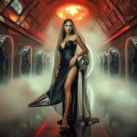 tall slender elegant slavic femme fatal swaddled with silk veils in giant high heel foil shoe ,  under dimension portal to another galaxy , dressed in sexy glossy satin side slit 1920s nightgown ,  pefect legs in lace trim stockings and d'orsay high heels, small feets, alien spaceship chamber, surrounded by beauty models encased in  hi-tech stasis tubes at background,  fog, mirrors, hi-tech, sci-fi, scifi, mind control, steel, foil, hypno, romance,  lipstick, long hair, heavy makeup,  red nails, long hair, green eyes, sharp cheekbones, ultra thin waist , seductive, feminine, mysterious, alluring, red lasers
