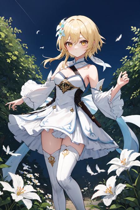 highres, highest quallity, 1girl, adult, solo_focus, solo, lumine, blonde hair, flower, hair between eyes, hair flower, hair ornament, short hair, short hair with long locks, sidelocks, yellow eyes, boots, detached sleeves, dress, thigh boots, white dress, white feathers, white flower, white footwear, garden,