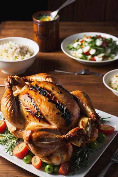 Photo of delicious looking rotisserie chicken on table, photorealistic, hyper quality, intricate detail, masterpiece, 8k,