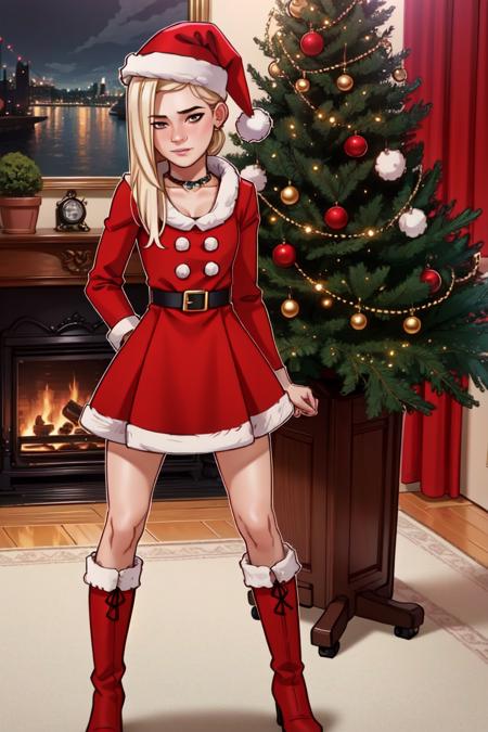 (masterpiece, best quality:1.2),intricate details, <lora:LilandavastyleV2:1> lilandavastyle, 1girl, young adult woman, santa hat, red dress, fur boots