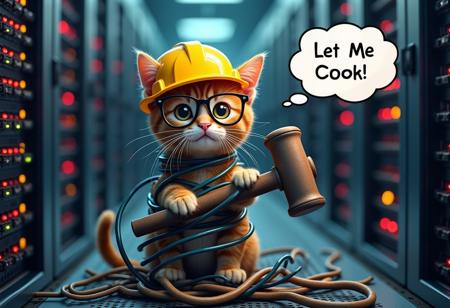 realistic picture of a cute kitty with security glasses and a yellow hard safety hat looking into the camera wrapped in network cables and a holding a large hammer in his paws hitting a server rack, sitting atop a pile of wires plugged to servers and a mess of wires hanging in a web the emtire room, inside a datacenter server room with red, yellow and green led lights blinking in the server racks in the background, a cartoon text bubble floating beside the kitty with the text "Let Me Cook!"