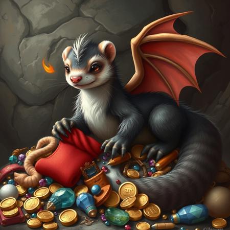 A dragon ferret hybrid, a furry dragon with ferret features, a ferret evolved into a dragon, stealing a rolled up sock, hoarding trinkets and toys mixed with treasure, grabbing red sock, grey  brown  and white colored fur, furry tail, dragon wings, little flames coming out of nose, laying on top a pile of hoarded treasure which includes gold coins gems socks and plushies, cave background