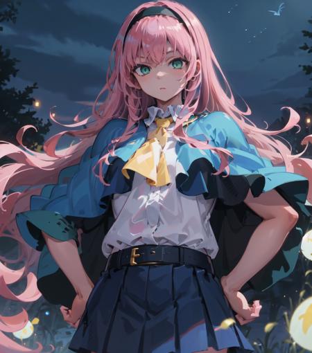 <lora:Hatsu2-10:0.55>, black hairband, green eyes, pink hair, long hair, slim, (large breasts:0.7), hands on hips, night, fireflies, (blue skirt, white shirt, capelet, ascot, skirt, belt:1.0), (blue capelet:1.2), (yellow ascot:0.9)