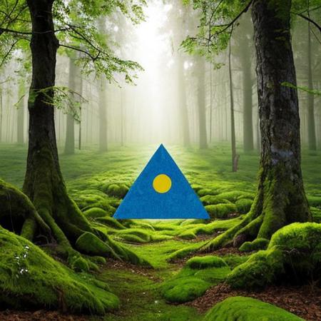 A hyper-realistic painting featuring a three-dimensional blue triangle with human eyes and a mouth, clearly expressing an emotion such as sadness or joy. The triangle should have realistic textures and lighting, making it appear as part of the physical world. It is set in a lush, vibrant forest at dawn, with sunlight filtering through dense foliage, illuminating the moss-covered ground and small wildflowers. Birds and woodland creatures add life to the serene setting. The triangle should blend seamlessly into the environment despite its surreal form, creating a striking contrast between the natural beauty of the forest and the lifelike, anthropomorphic triangle