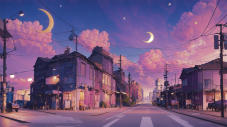 <lora:LoFi_Aesthetic-10:1> LoFi Aesthetic, (masterpiece, best quality, ultra-detailed, highres), no humans, scenery, outdoors, sky, building, crescent moon, moon, sign, power lines, cloud, lamppost, utility pole, city, window, road sign, purple sky, pink sky, cityscape, watermark