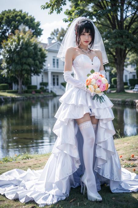 tokisaki kurumi cosplay costume, tokisaki kurumi, alternate costume, red eyes, black hair, hair over one eye, bride, dress, white dress, wedding dress, bridal veil, veil, elbow gloves, gloves, necklace, thighhighs, white thighhighs, high heels