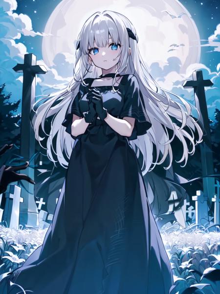 (masterpiece:1.3), (best quality:1.3), <lora:EnderLily_v17-000008:1>, Ender Lily, white hair, long hair, night, graveyard, (black dress:1.2),( long dress:1.2), (black gloves:1.2), moon, standing, in centre, candles, (long gloves:1.2)