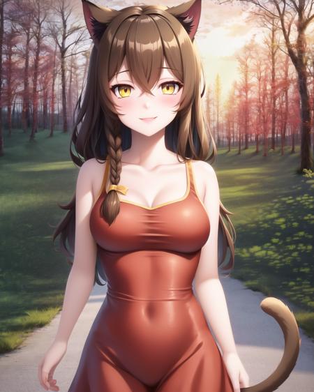 YVAO, 1girl, smile, animal ears, braid, brown hair, cat ears, hair between eyes, long hair, looking at viewer, medium breasts, solo, tail, yellow eyes, red dress, cat girl, cat ears, outdoors, forest, night