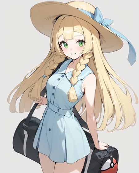 lillie \(pokemon\), 1girl,sun hat,blue ribbon,blonde hair, long hair,twin braids,blunt bangs,green eyes,bare arms,sleeveless dress, collared dress,sun dress