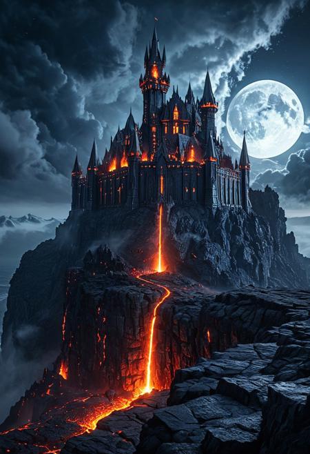 a massive forged carbon fantasy castle on top of a cliff, glowing lava cracks in the walls, moonlight piercing through the clouds, dynamic lighting with torch reflections, misty atmosphere, epic depth of field, cinematic contrast