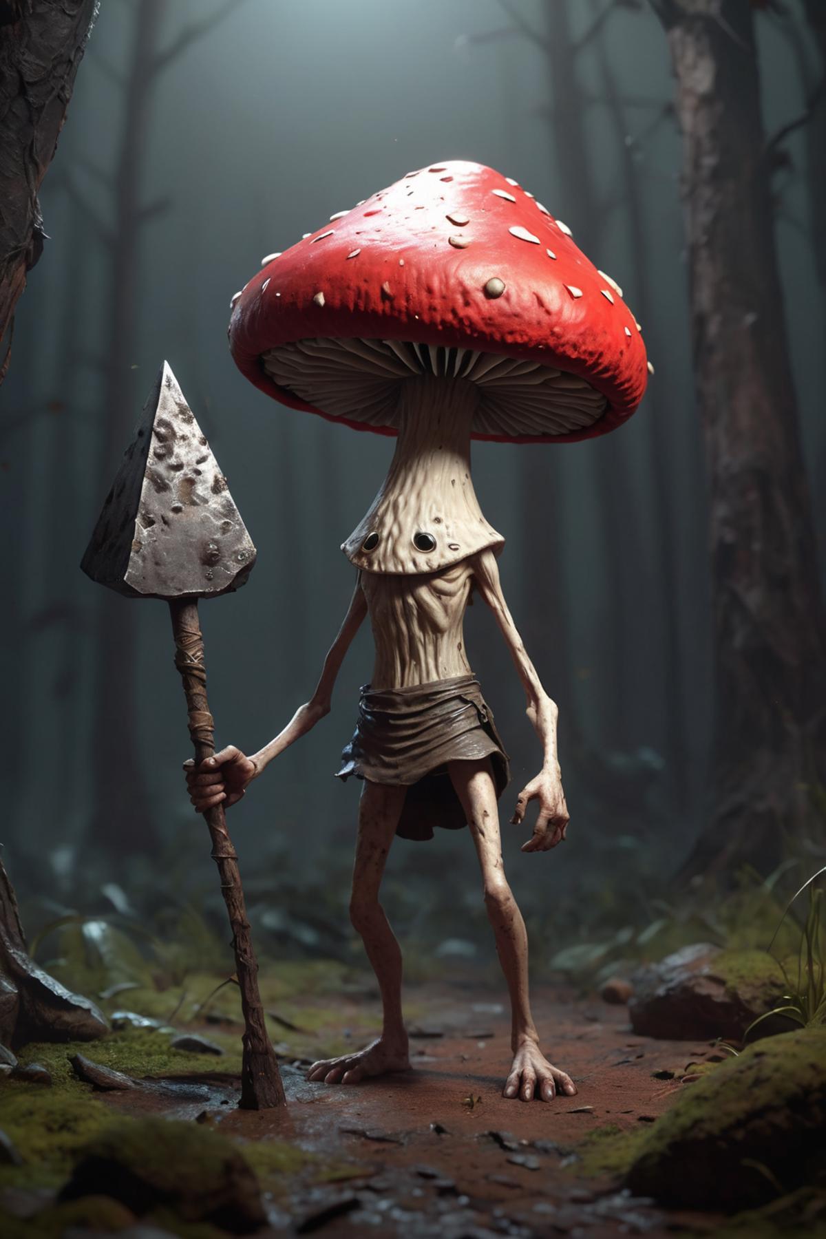 A skeletal figure holding a weapon with a mushroom hat.