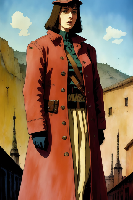 1 young  french woman , 
 (   color line art  by Enki Bilal)   cinematic lighting 
(masterpiece, best quality:1.3),