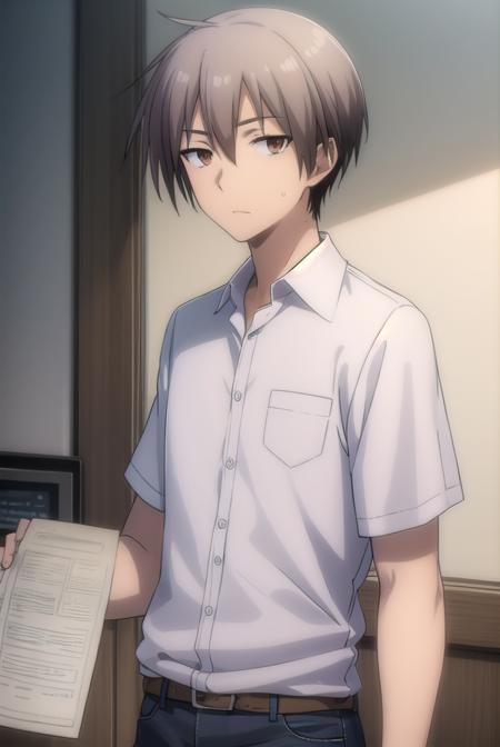 ayumuaikawa, <lora:ayumu aikawa s2-lora-nochekaiser:1>,
ayumu aikawa, short hair, grey hair, (brown eyes:1.3), male focus,
BREAK short hair, shirt, white shirt, collared shirt, pants,
BREAK indoors, classroom,
BREAK looking at viewer, (cowboy shot:1.5),
BREAK <lyco:GoodHands-beta2:1>, (masterpiece:1.2), best quality, high resolution, unity 8k wallpaper, (illustration:0.8), (beautiful detailed eyes:1.6), extremely detailed face, perfect lighting, extremely detailed CG, (perfect hands, perfect anatomy),