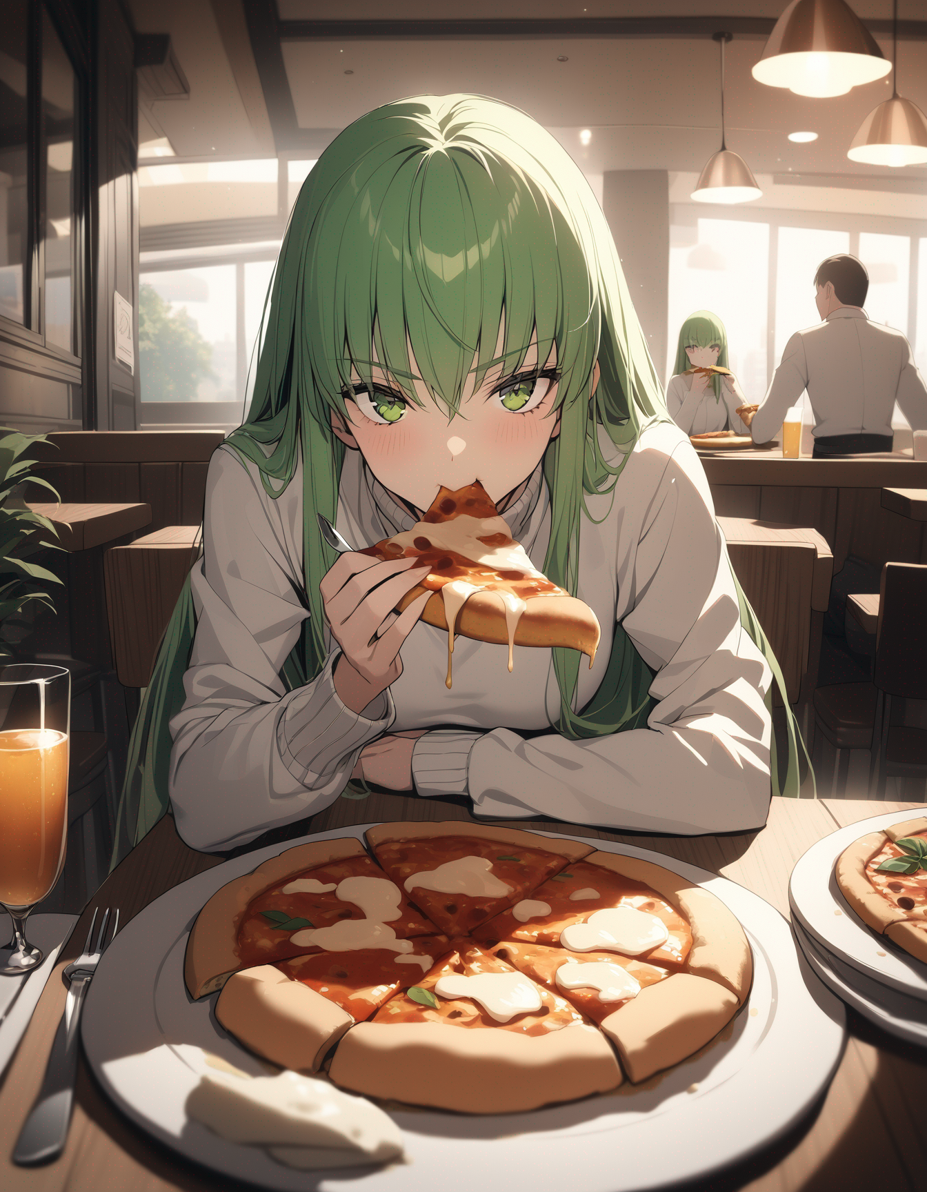 1girl, c.c., code geass, white shirt, long sleeves, turtleneck, sitting, looking at viewer, eating, pizza, plate, fork, kn...