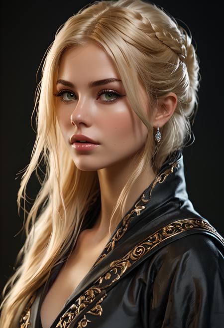 fantasy setting,(ultra realistic:1.3),(best quality:1.3),(illustration:1.1),(hyper detailed:1.1),(high quality:1.1),masterpiece,pale skin,close portrait,beautiful sorceress,(tattoo:1.3),(solo:1.1),(mage robes:0.9),(8k:1),colourful,(digital-painting:1.1),detailed face and eyes,young,silver accessories,(soft freckles:1.2),(blonde long hair:1.1),straight hair,(green eyes:1.2),(magical weapon:1.1),(fantasy village:0.9),(3/4 pose:1.5),(dynamic pose:1.2),(fixl-art:0.9),(perfect body:0.9),(cinematic lighting:1),(silver jewellery:1),<lora:elementalist:1>,<lora:SDXL_White_Sa_May:0.7>,
