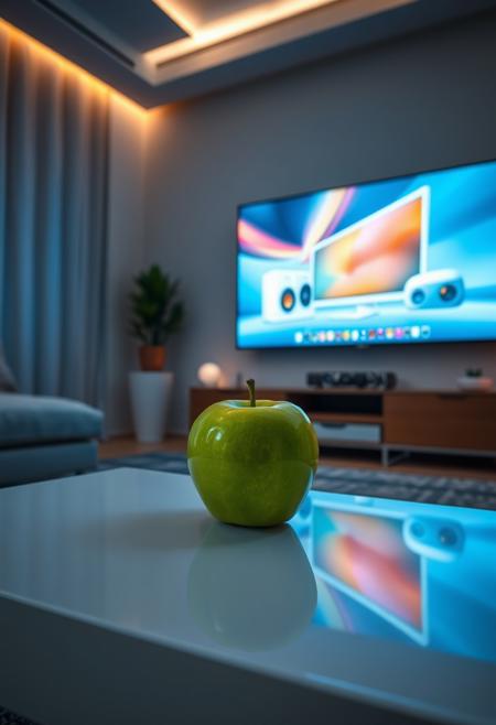 A vibrant green apple with a glossy surface sits on a modern, minimalist coffee table, watching an Apple computer commercial on a large wall-mounted TV. The commercial features sleek Apple products, glowing with vivid colors and crisp resolution. The room around the apple is dimly lit, with a focus on the TV screen’s bright visuals. The setting has a modern, tech-inspired aesthetic, with clean lines, soft lighting, and subtle futuristic decor. The apple appears to ‘watch’ attentively, positioned as if it’s absorbing the high-tech vibes of the commercial.