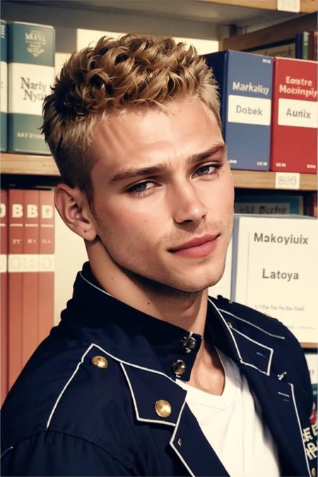 ((masterpiece)), ((best quality:1.2)), High Resolution, 8k, (ultra_realistic:1.3), (photorealistic:1.4), (instagram model, handsome:1.2), sharp focus, a close up photo of (Matthew Noszka, matthewnoszkakm), wearing student uniform, in the library, indoor, shelves with books in the background, smile, <lora:MatthewNoszkaKM_13:0.8>