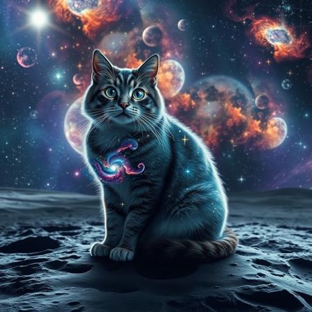 Create an image of a majestic, cosmic cat sitting on the lunar surface. The cat’s fur should shimmer with deep blues and purples, resembling the night sky, with stars subtly twinkling throughout its coat. Its eyes are vast galaxies, swirling with bright nebulae, stars, and cosmic dust. The lunar surface beneath the cat is detailed with craters and rocky textures, reflecting the light of a distant star. In the background, the cosmos is vibrant and alive, with colorful nebulae, distant galaxies, and clusters of stars filling the sky, creating a sense of infinite depth and wonder. The overall scene should feel otherworldly, mystical, and awe-inspiring.