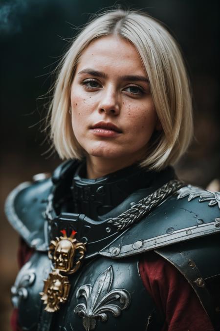 (masterpiece, best quality:1.1), photograph, Porta 160 color, shot on ARRI ALEXA 65, bokeh, depth of field, shot by Don McCullin, (blemishes, skin pores, textured skin:1.1), sharp focus, vibrant colors, PA7_Photo, PA7_Human-Likeness, volumetric lighting, <lora:detail_slider_v4:1>, <lora:FujiVelvia50:0.5>, <lora:GoodHands-beta2:0.8>,
solo, 1 girl, adult icelandic woman, gorgeous, ruby eyes, (white hair:1.25), razor cut hair hair,  contemptuous look,  <lora:edgWar40KAdeptaSororitas:0.85>, edgAdepta, wearing edgAdepta, power armor, shoulder armor, skull emblem, dented armor,   
(epic, cinematic:1.1), grim dark, battlefield in background, impact crater, flames, ,  dense smoke rising, particle effects, (wind blowing:1.1), darkness, night,   <lora:epi_noiseoffset2:0.6>,