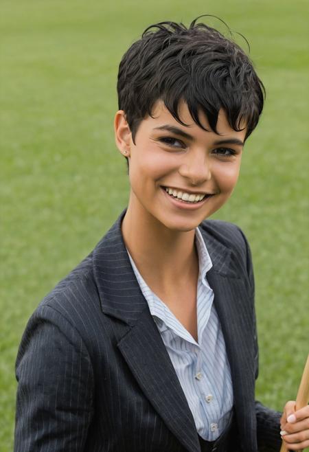 Award winning photography, closeup, 19 years old eveGilles woman, short black messed pixie haircut, awe but smiling anyway, female interstellar trader, wearing Pinstripe cropped pants,  tie-back top,   , in brilliant jubilant croquet game, cinematic, face focus, raw photo, <lora:eveGilles_r3:0.7>