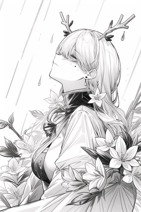 masterpiece, best quality, white background, rain, black and white, monochrome, kaneki_meme, hair over eyes, 1girl, long hair, braided bangs, mole under eye, earrings, flowers in hair, antlers, large breasts, dress,  from side, looking up,  <lora:KanekiKenMeme:0.8>,  <lora:ceres_fauna_v30:0.7>, <lora:animeoutlineV4_16:1>,  <lora:add_detail:0.7>