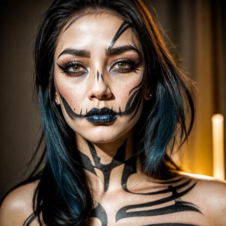  RAW photo, subject, 8k uhd, dslr, soft lighting, high quality, film grain, Fujifilm XT3,Ultra-detailed, Close-up portrait of a asian woman with striking symmetrical skull makeup.  One side of her face is painted in detailed black and white skull design, featuring intricate bone structure and teeth.  The other side of her face is a natural, light complexion.  Her light blonde hair cascades around her shoulders.  Her expression is neutral and captivating,  with a subtly intense gaze.  She wears striking, vibrant, red lipstick, adding to the artistic appeal of the makeup.  The light-colored contact lenses with swirling designs further accentuate the unique artwork.  A small nose ring enhances the facial features.  The composition is centered, highlighting the dramatic contrast between the painted and natural sides of her face.  Soft, diffused lighting emphasizes the texture of the makeup and the subtle play of light on her skin.  The background is out of focus, suggesting a studio setting, with blurred soft light patterns.  The overall atmosphere is artistic and dramatic, evoking a feeling of both beauty and a Halloween-inspired theme.  Makeup style is dramatic, artistic, and detailed , blue hair 