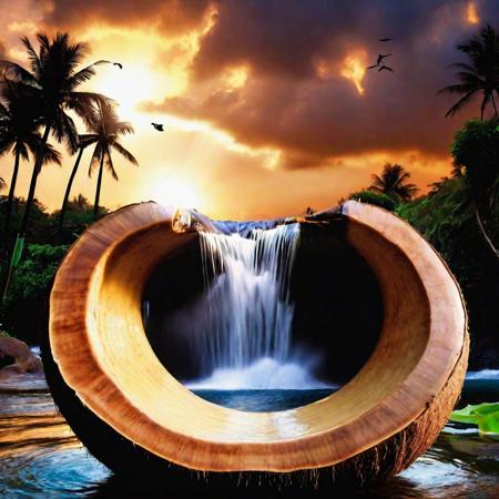 Dense waterfall emerging from a giant  coconut shell , dense coconut farm ,sun set,birds flying,black clouds  (8k, RAW photo, best quality, Masterpiece: 1.2), (Hyperrealistic, Photo-realistic: 1.37)