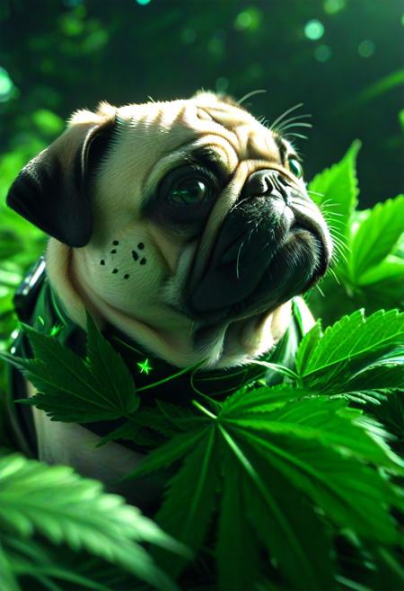 420futurism, closeup shot, from side, pug made of leaves, green leaves, cinematic, cinematic lighting, (masterpiece, best quality:1.4), ultra-high res, 4k, Photorealistic, insanely detailed, sfw,