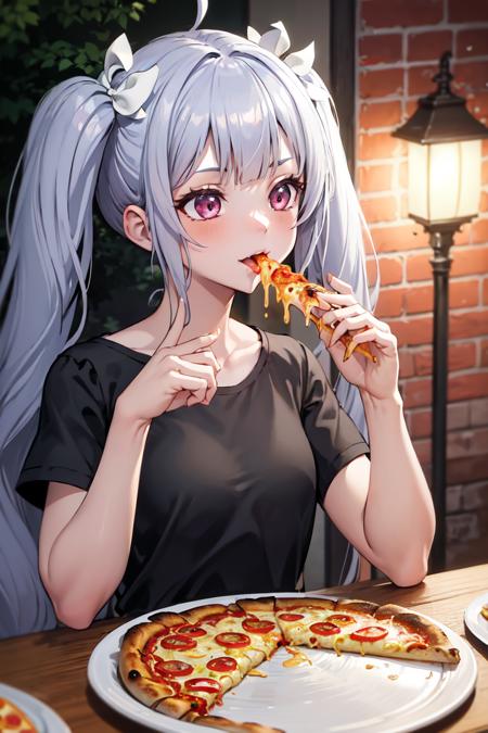 masterpiece, best quality, absurdres, perfect anatomy, 1girl, solo, MiriamHildegardVonGropius, very long hair, twintails, t-shirt, eating, table, upper body, pizza, happy, lamp, outdoors, street, lamppost, <lora:MiriamHildegardVonGropius:1>