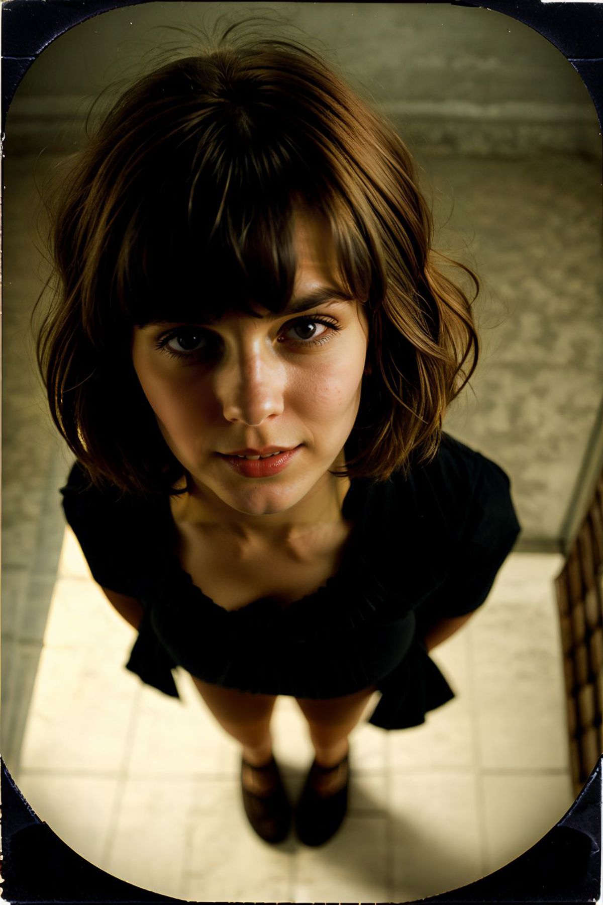 A brown-haired woman in a black shirt and short skirt looking up.