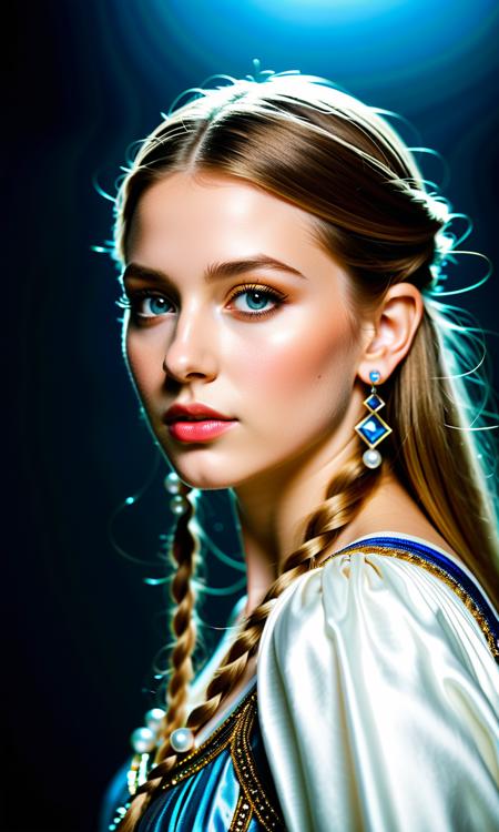 cinematic still The colorful and bright scene is reminiscent of science fiction. The long-haired princess Zelda is dressed in intricate porcelain armor inspired by Vermeer's "Girl with a Pearl Earring." Her white, glowing eyes emit neon light, and the dynamic lighting creates a sense of speed and intensity. The background contrasts deep blacks with bright elements of a misty night. The dynamic scene emphasizes motion with streaks and enhances the feeling of swift movement. The photorealistic close-up portrait exudes a polished sci-fi aesthetic . emotional, harmonious, vignette, 4k epic detailed, shot on kodak, 35mm photo, sharp focus, high budget, cinemascope, moody, epic, gorgeous, film grain, grainy, The colorful and bright scene is reminiscent of science fiction. The long-haired princess Zelda is dressed in intricate porcelain armor inspired by Vermeer's "Girl with a Pearl Earring." Her white, glowing eyes emit neon light, and the dynamic lighting creates a sense of speed and intensity. The background contrasts deep blacks with bright elements of a misty night. The dynamic scene emphasizes motion with streaks and enhances the feeling of swift movement. The photorealistic close-up portrait exudes a polished sci-fi aesthetic, sharp focus, luxury, highly detailed, cinematic atmosphere, modern contemporary fine classic, great composition, dramatic translucent, exotic, rich colors, very inspirational, mystical, historic royal, elite, ambient, iconic, beautiful, romantic