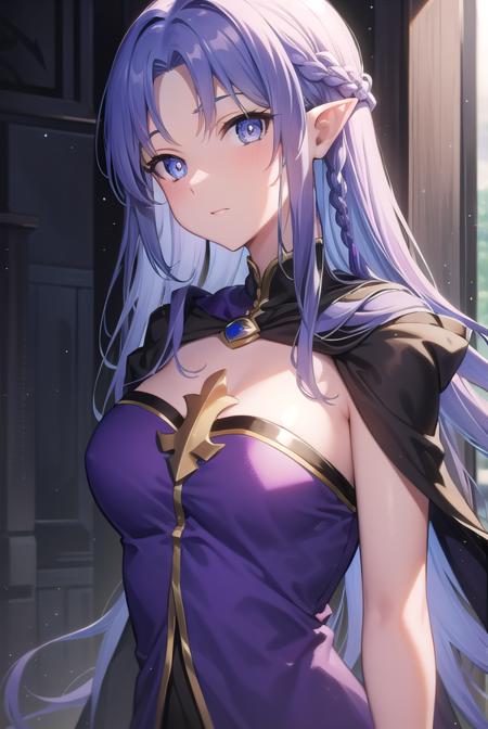 medea, blue hair, long hair, (purple eyes:1.1), purple hair, braid, hair braid, single braid, pointy ears, choker, cloak, hood, jewelry, magic, ring, robe, solo, witch,