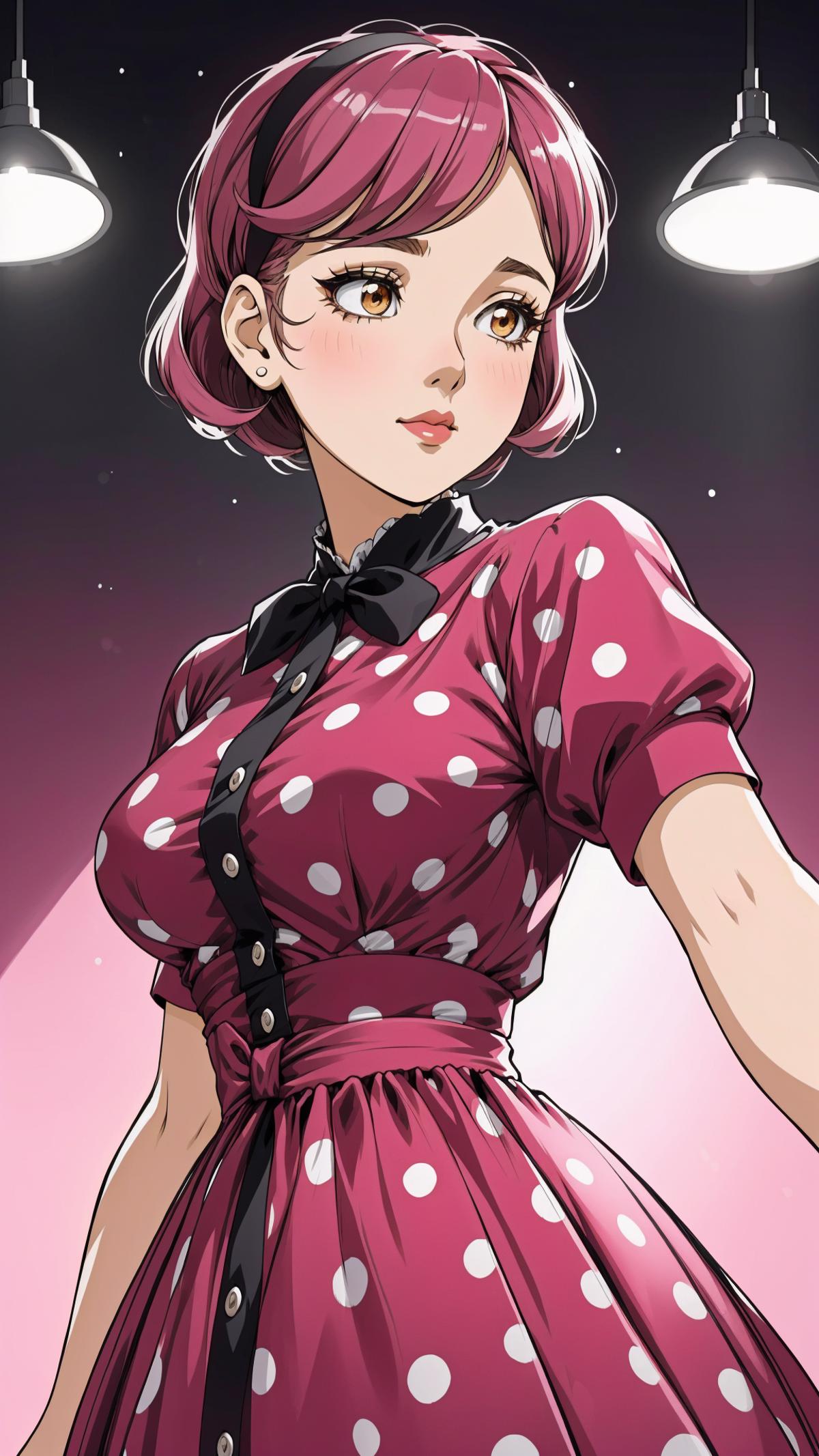 A cartoon illustration of a woman wearing a pink polka dot dress.