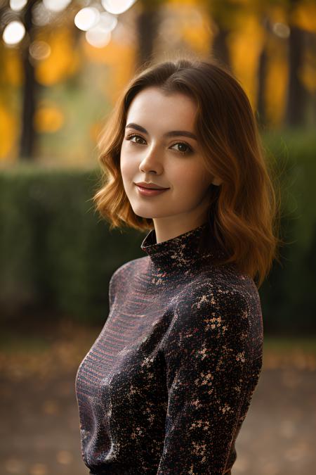 Photo of lidiasav, mid twenties Russian woman, stunning modelshoot, staring away, bright light, high mock neck long sleeve blouse, closeup face shot, teasing, seductive, flirting, grin, bokeh, auburn short wavy tied hair