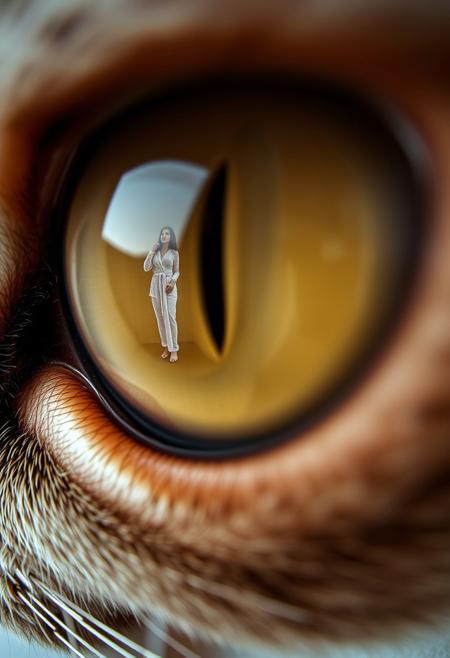 extreme close up portrait of a cat's eye reflecting a young beautiful woman standing in a shower wearing a bath robe (open) exposing her body, tan lines, trimmed female pubic hair,  the cat's eye has takes up 90% of the image