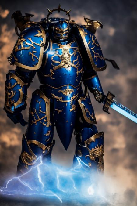 JOSUKE, FULL BODY, MECHA BODY ARMOR, BLUE BODYARMOR, (POWER ARMOR1.4), DETAILED ARMOR, LAUREL CROWN, HALO, FLAMING GIANT SWORD, SHOULDER ARMOR, GAUNTLET, METALLIC WINGS, PAULDRON, <lora:robute_guilliman_mk1-000010:0.7>   <lora:artstyle - photorealistic_v10:.5> <lora:subject - josukejojo2:0.7>