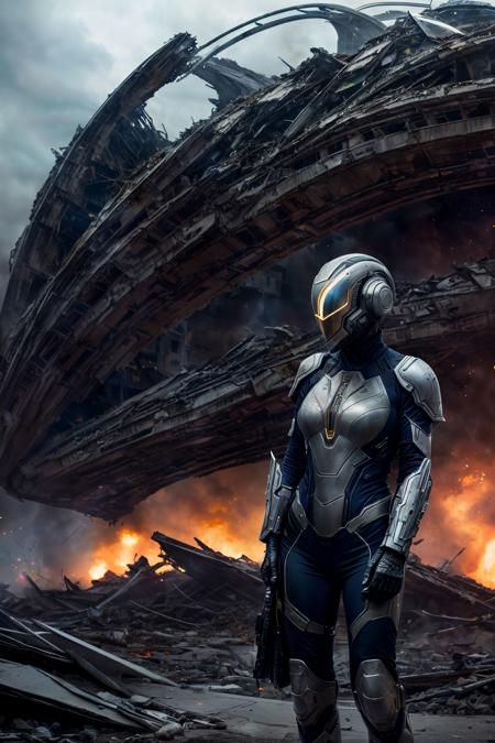<lora:NeoFuturisticTech:0.5>((beautiful woman)) wearing a neotech armor, sleek, explosive pose, expressionism, movie still, hyper detailed, intricate design, insanely detailed, fine details, scifi, in a destroyed city, frontal illumination, <lora:add_detail:0.6>