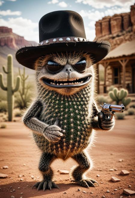 8k, uhd , dynamic action photograph ((The most ultra-angry enraged cactus in the old west)), ((The most ultra-angry enraged cactus) is wearing (a black cowboy hat), (a thick moustache), and (a bandit's mask)), ((The most ultra-angry enraged cactus), is also pointing a very detailed and well defined shiny silver revolver towards the viewer))
<< BREAK >>
((outdoors), (old west), (The Devil's Saloon backdrop),
[ (intricately detailed), (very detailed background), (full-length photograph), (double-exposures), (alternate reality)]