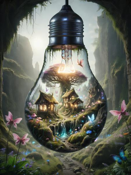 ais-bulbz a fairy glen with magical creatures and glowing flowers inside the bulb, an abandoned city reclaimed by nature background outside the bulb <lora:Inside_A_Bulb_SDXL:0.8>