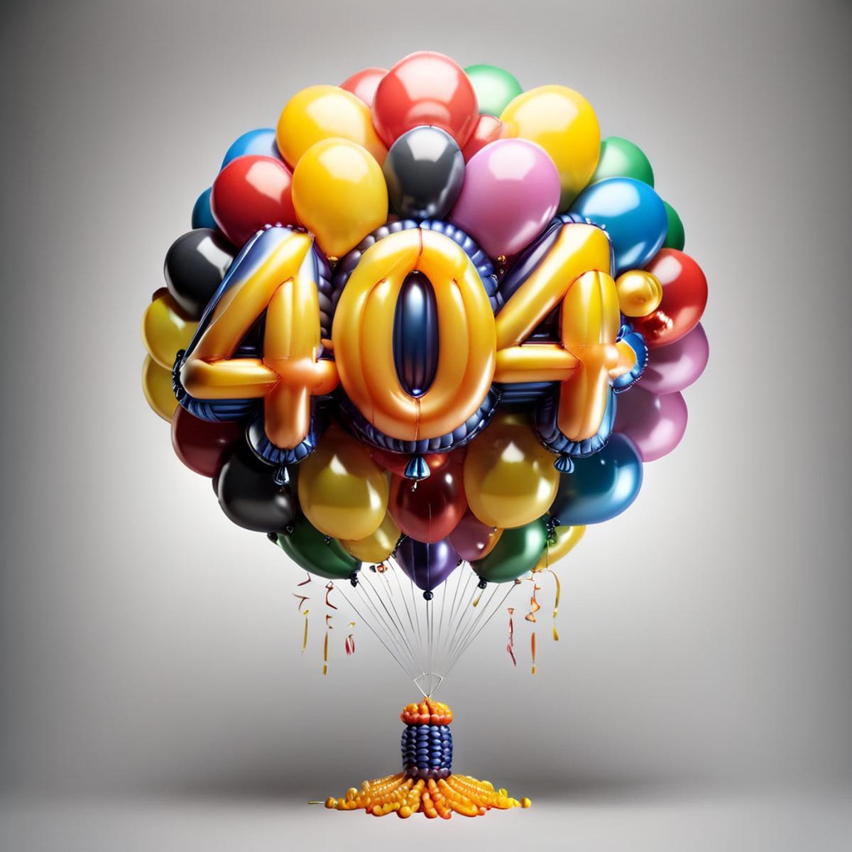 A large balloon shaped like a 404 error with a bunch of balloons on the bottom.