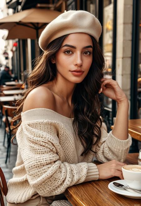 French-Moroccan woman, 27 years old, extremely beautiful, long soft wavy brunette hair with golden streaks, glowing olive skin, hazel eyes, elegant soft makeup, full lips, flawless skin, wearing beige beret and off-shoulder cream sweater, sitting at a Paris café table, DSLR lens, cinematic soft morning light, photorealistic, Instagram model, high fashion editorial